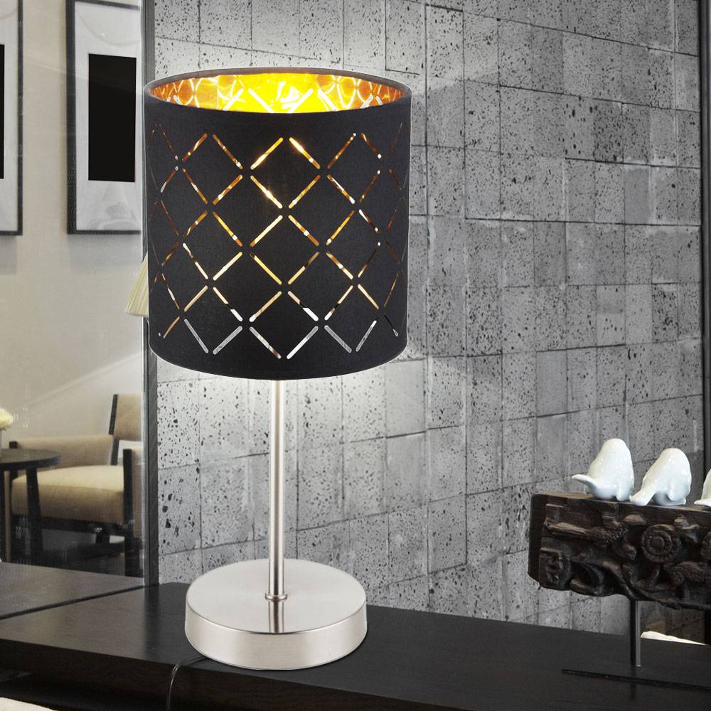 Design Tisch Lampe Schlaf Zimmer Strahler Schalter Textil Muster Beistell Leuchte Gold