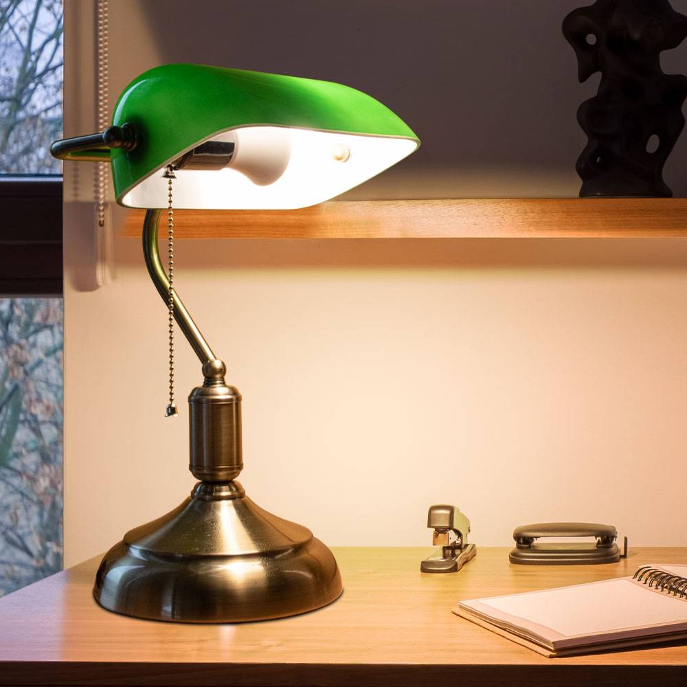 LED Bankerlampe Schreib-Tisch Leuchte Lampe Beleuchtung Büro Arbeitszimmer Vintage Retro Zugschalter