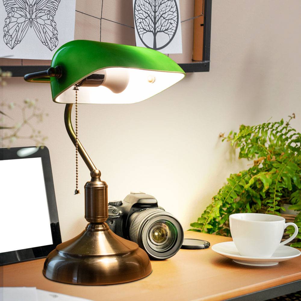 LED Bankerlampe Schreib-Tisch Leuchte Lampe Beleuchtung Büro Arbeitszimmer Vintage Retro Zugschalter
