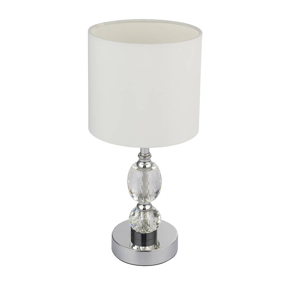 Nachttischlampe Kristallglas Tischleuchte Glasfuss Tischlampe Wohnzimmer chrom, Textil weiß, 1x E14, DxH 15x34 cm