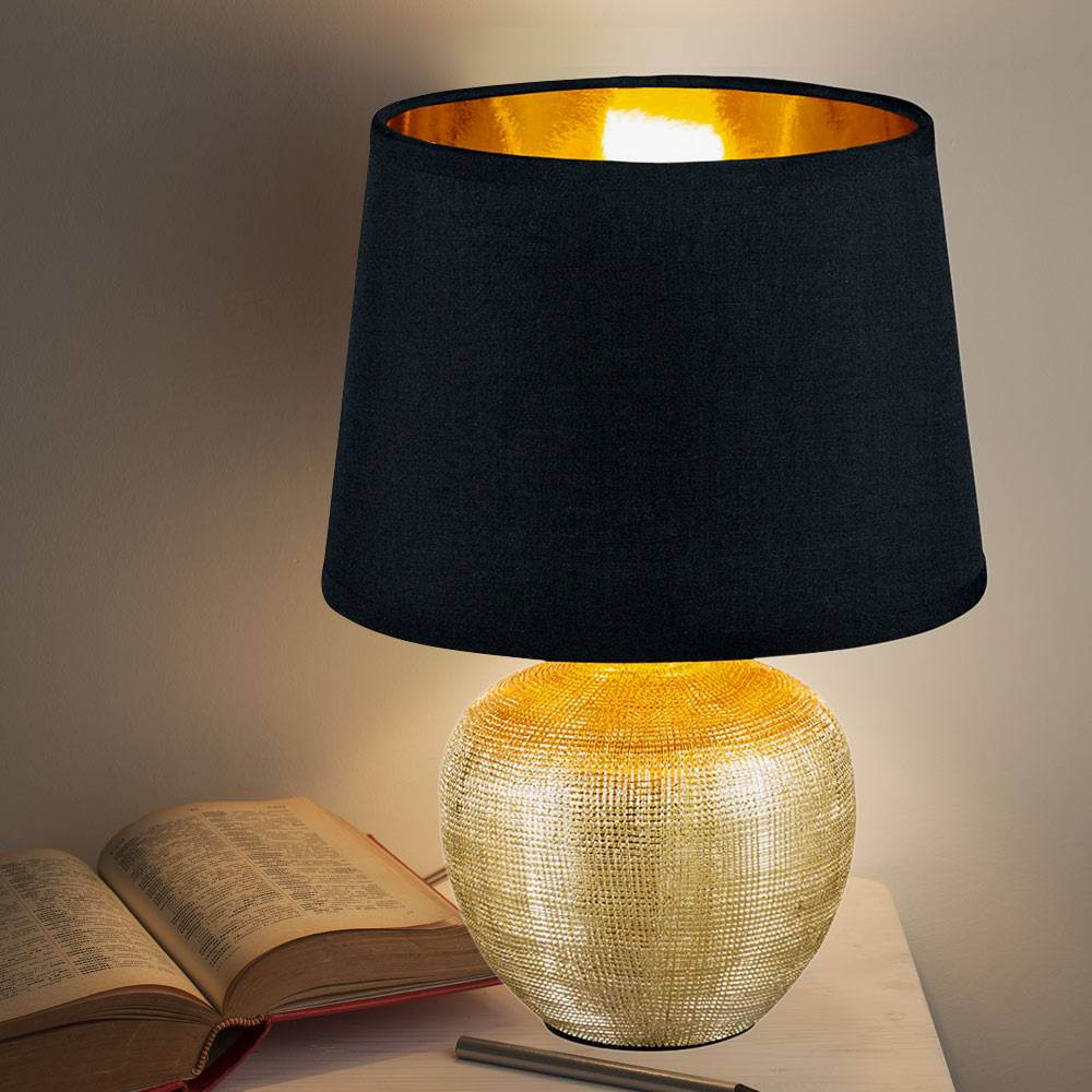 Tischleuchte Tischlampe Nachtlampe, Keramik Textil, Gold-Schwarz, 1x E14 Fassung, DxH 18x26 cm, Schreibischlampe Nachttischleuchte - 2er Set