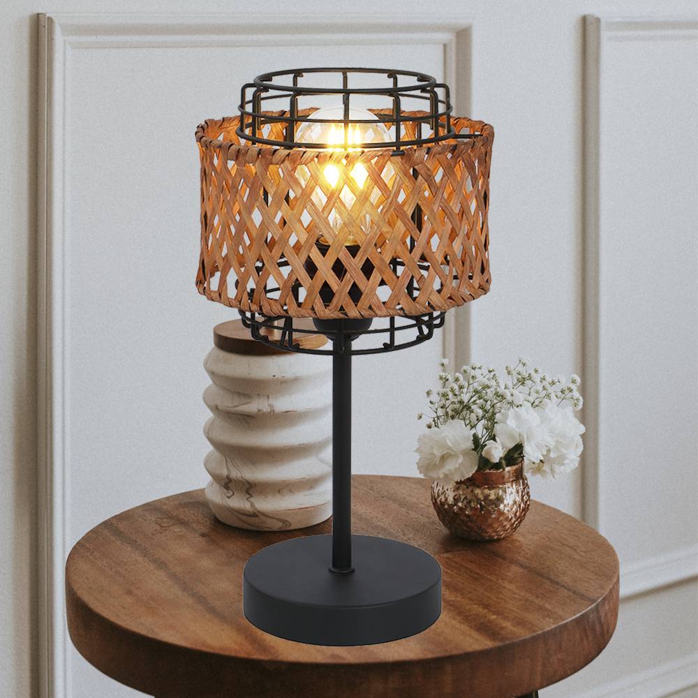 Tischleuchte Metall Bambus Tischlampe Leseleuchte schwarz Beistelllampe Wohnzimmer, Metall Gitter rund, 1x E27, DxH 17x32 cm