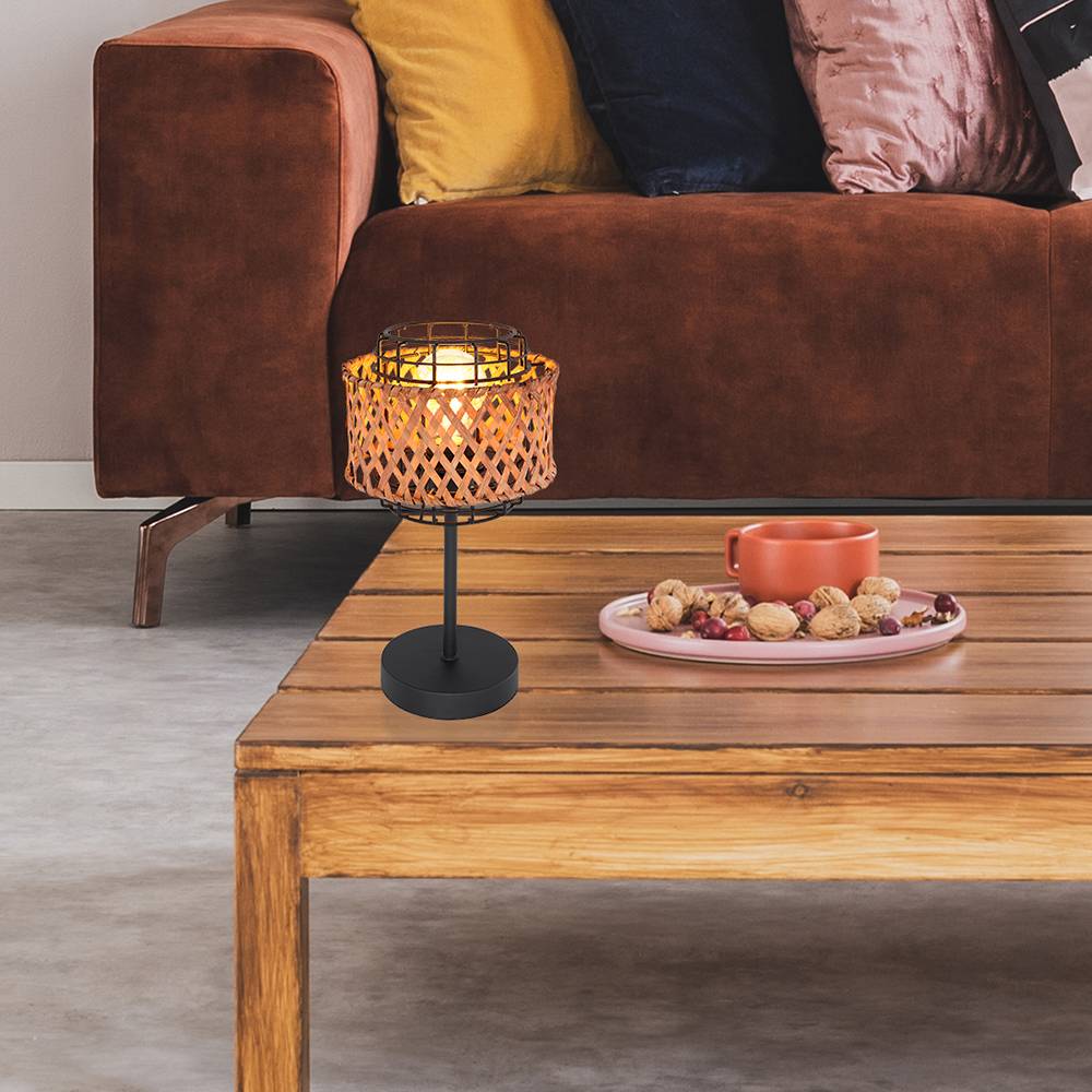 Tischleuchte Metall Bambus Tischlampe Leseleuchte schwarz Beistelllampe Wohnzimmer, Metall Gitter rund, 1x E27, DxH 17x32 cm