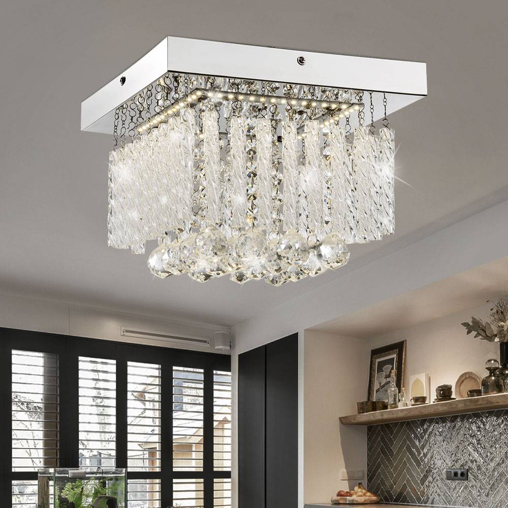Deckenlampe Deckenleuchte Glasschirm 1-Flammig Esszimmer Glasstäbe Beleuchtung mit Glaskristallen, Metall chrom, 1x LED 12W 840lm neutralweiß, L 25