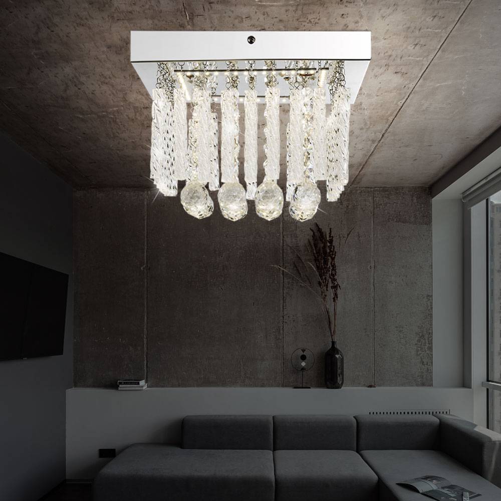 Deckenleuchte Glasschirm Deckenlampe 1-Flammig Esszimmer Glasstäbe Beleuchtung mit Glaskristallen, Metall chrom, 1x LED 12W 840lm neutralweiß, L 25