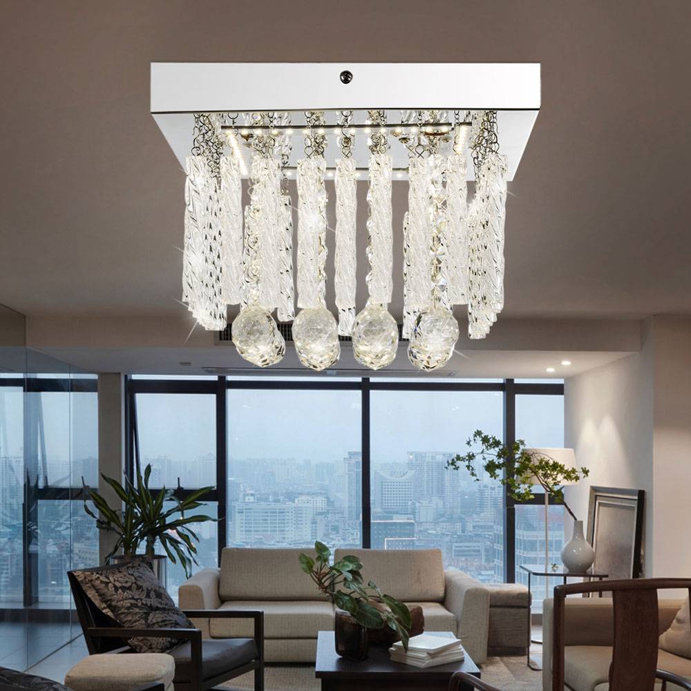 Deckenleuchte Glasschirm Deckenlampe 1-Flammig Esszimmer Glasstäbe Beleuchtung mit Glaskristallen, Metall chrom, 1x LED 12 Watt 840lm, L 25 cm