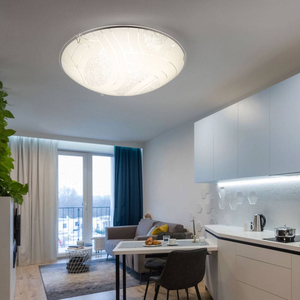 Deckenleuchte Glasschirm Deckenlampe 1-Flammig Kristalle Wohnzimmer Beleuchtung 1-flammig satiniert, Metall chrom, 1x LED 8 Watt 640 lm, DxH 25x8