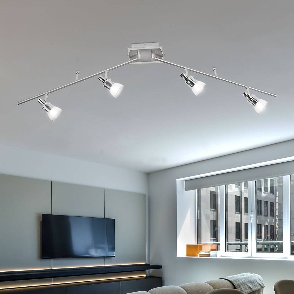 Spotleiste Deckenleuchte verstellbar Wohnzimmerleuchte LED Deckenlampe silber, bewegliche Lampenarme und Glasspots, 4x5W 4x666lm 3000K, LxBxH
