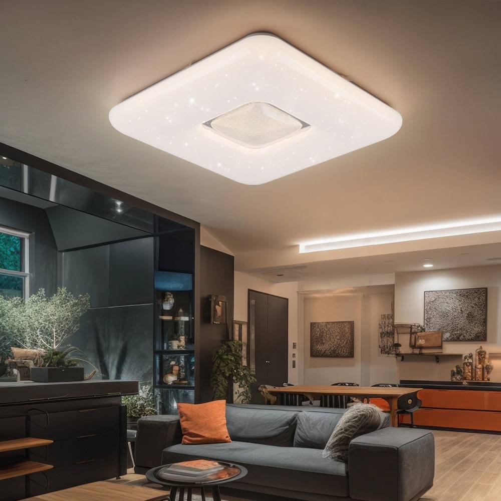 LED Deckenleuchte Sternenhimmel Deckenlampe Wohnzimmerleuchte Esszimmerlampe, Kristalle klar, Metall Chrom, 24 W 1600lm 3000K, L x B x H 43 x 43