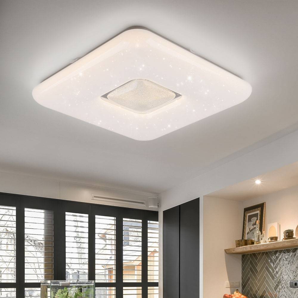 LED Deckenleuchte Sternenhimmel Deckenlampe Wohnzimmerleuchte Esszimmerlampe, Chromring Kunststoff Kristalle klar, Metall Chrom, 24 W 1600lm 3000K