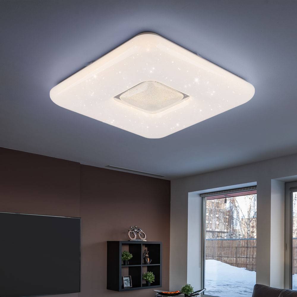 LED Deckenleuchte Sternenhimmel Deckenlampe Wohnzimmerleuchte Esszimmerlampe, Kristalle klar, Metall Chrom, 24 W 1600lm 3000K, L x B x H 43 x 43