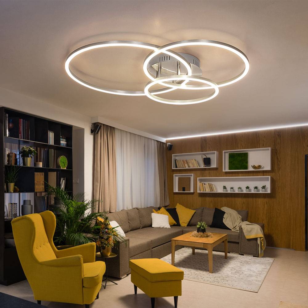 Deckenlampe Designleuchte Wohnzimmer Deckenleuchte 3 flammig, Ring Design Metall weiß opal nickel, LED 40 Watt 1770 Lumen warmweiß, HxLxB 10x68x55cm