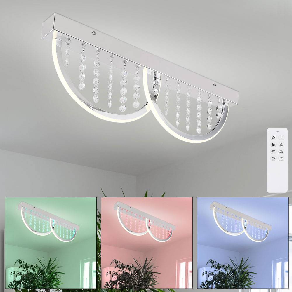Deckenleuchte Deckenlampe Designleuchte Küche Dimmbar Fernbedienung Nachtlicht RGB Memory Funktion, Metall K5 Kristalle opal verchromt, 1x RGB LED