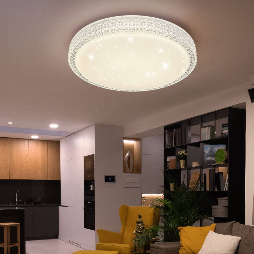 Deckenleuchte Kristallleuchte Rundlampe Deckenlampe Wohnzimmer, CCT Kristalldekor Sternenhimmel-Effekt, Metall klar weiß opal, 1x LED 22 Watt 1600