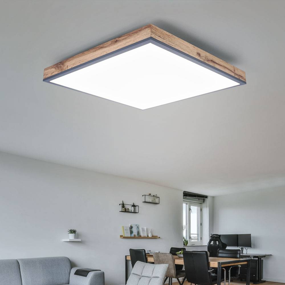 Deckenleuchte LED Panel Deckenpanel Bürolampe Decke Holzoptik graphit, ALU MDF, 24W 1500Lm warmweiß, LxBxH 45x45x6,5 cm