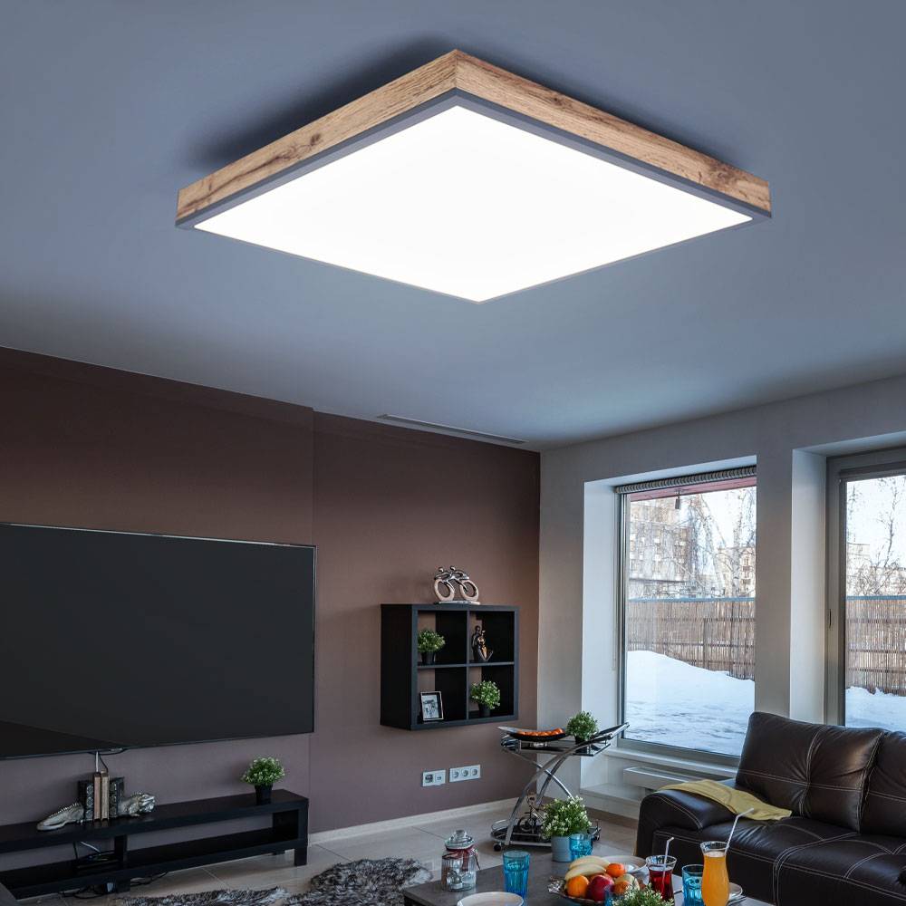 LED Panel Deckenleuchte LED Deckenpanel Bürolampe Decke, Holzoptik graphit, ALU MDF, 24W 1500Lm warmweiß, LxBxH 45x45x6,5 cm