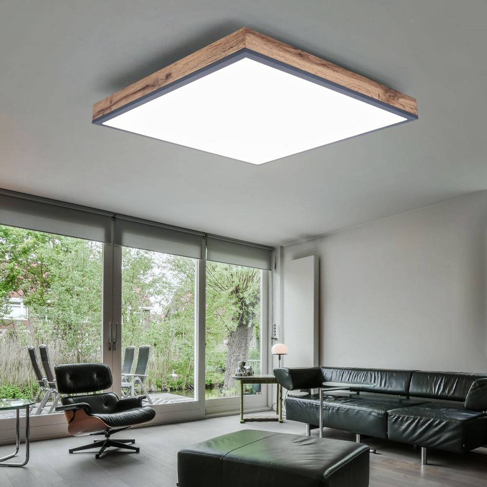 Deckenleuchte LED Panel Deckenpanel Bürolampe Decke Holzoptik graphit, ALU MDF, 24W 1500Lm warmweiß, LxBxH 45x45x6,5 cm