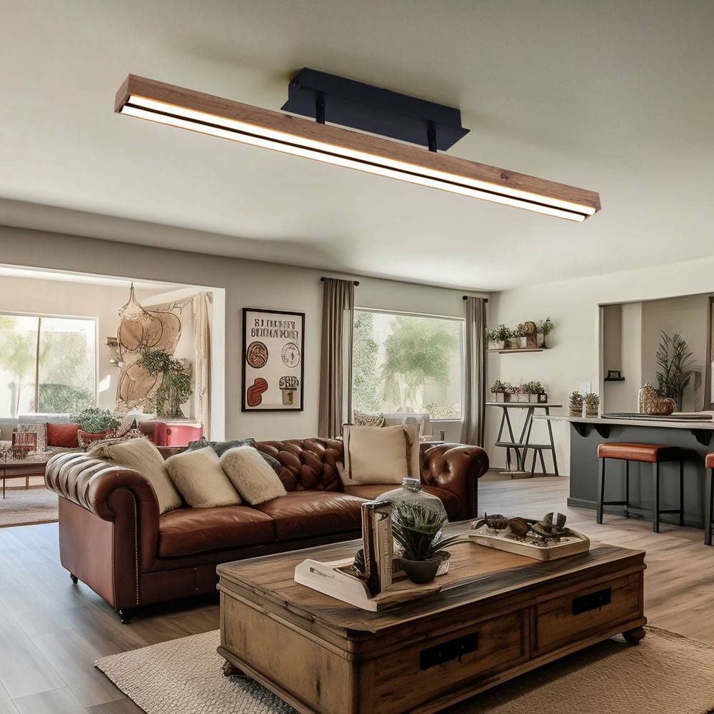 Deckenleuchte Holz Wohnzimmerlampe LED Deckenlampe Holzoptik warmweiss Holzleuchte Memory Funktion, Metall MDF natur schwarz, 1x LED 24W 850Lm