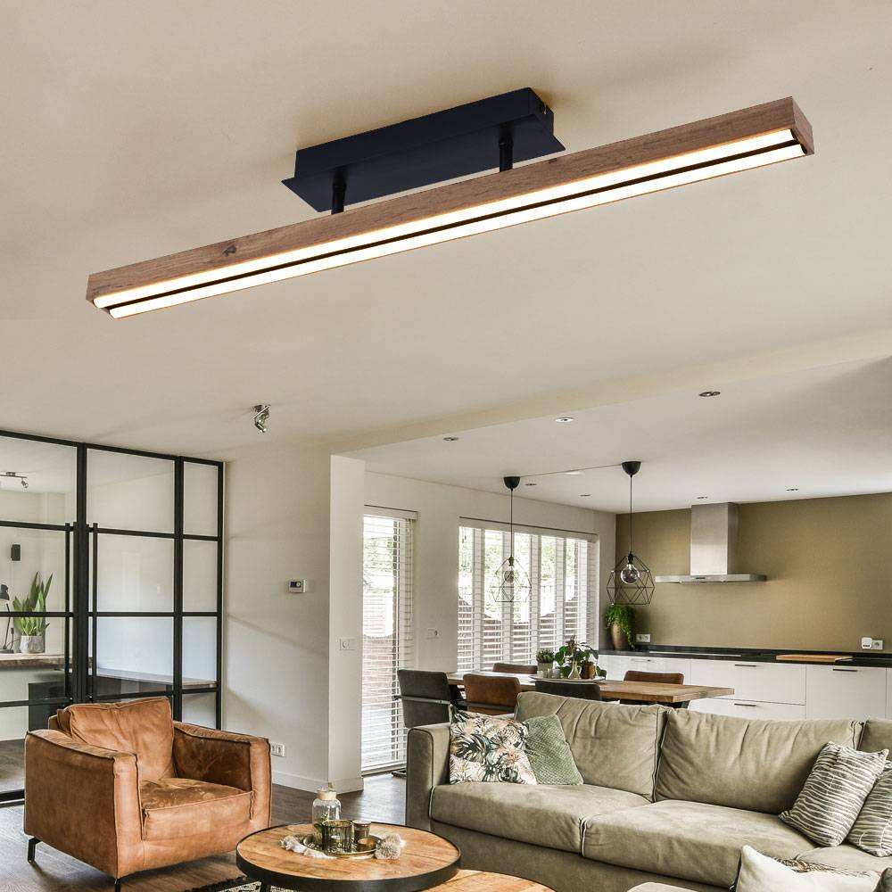 Deckenleuchte Holz Wohnzimmerlampe LED Deckenlampe Holzoptik warmweiss Holzleuchte Memory Funktion, Metall MDF natur schwarz, 1x LED 24W 850Lm