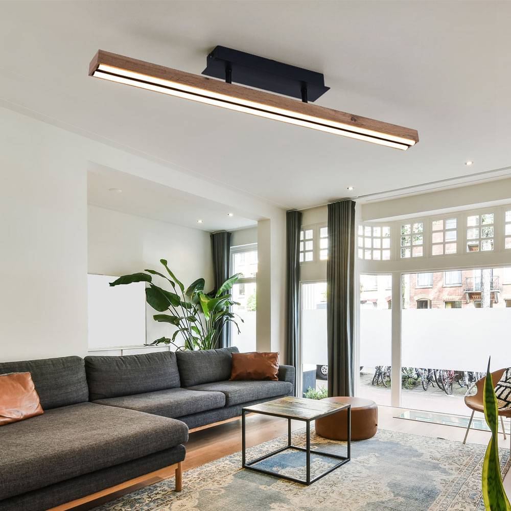 Deckenleuchte Holz Wohnzimmerlampe LED Deckenlampe Holzoptik warmweiss Holzleuchte Memory Funktion, Metall MDF natur schwarz, 1x LED 24W 850Lm