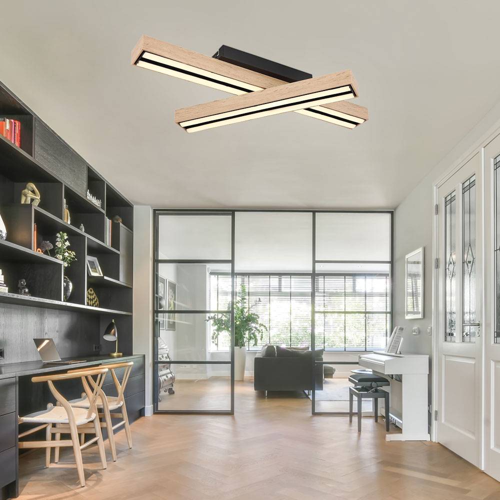 Wohnzimmerlampe 3 Stufen dimmbar Deckenleuchte Holz LED Deckenlampe warmweiss Holzleuchte Memory Funktion, Metall MDF natur schwarz, 1x LED 24W