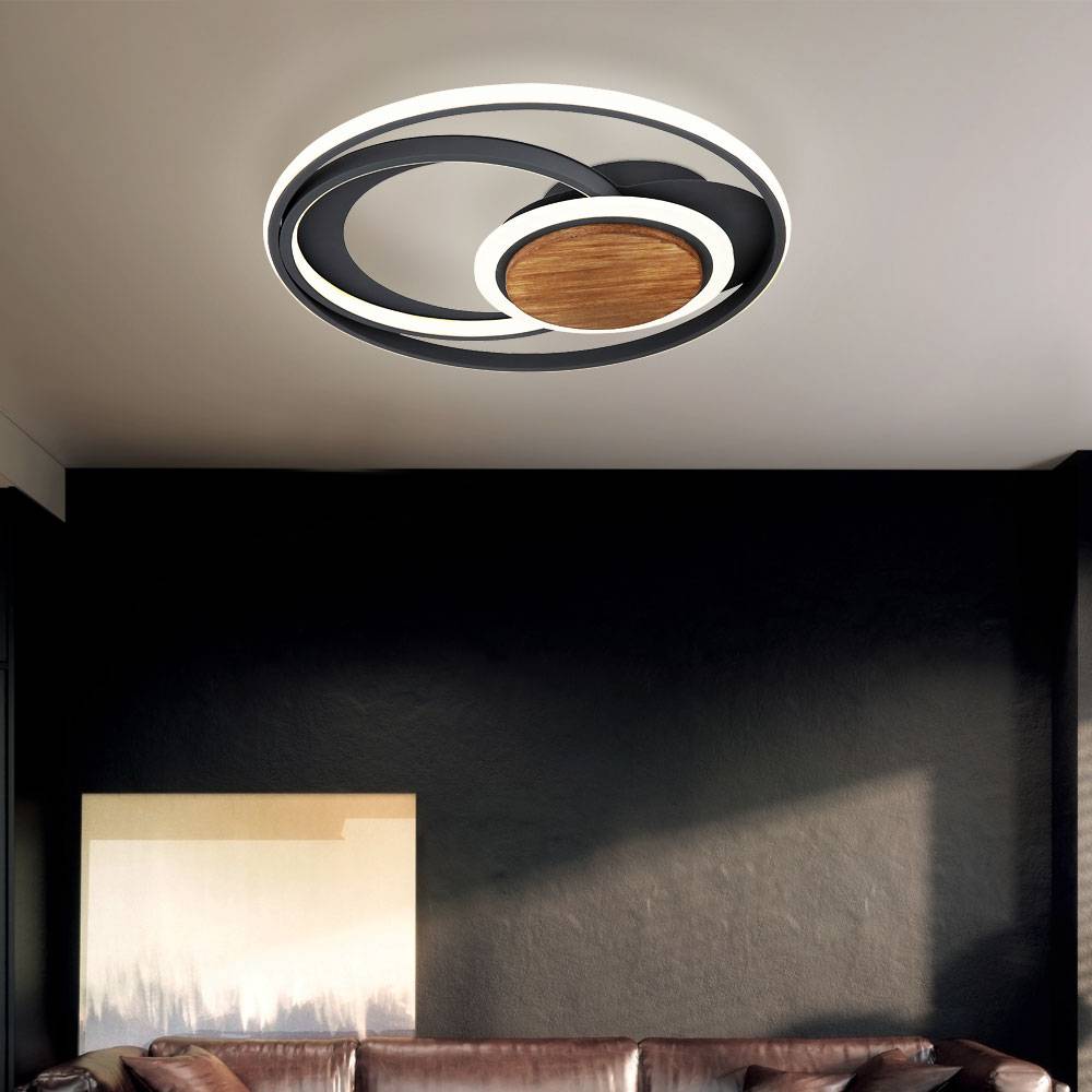 Deckenleuchte Holz Deckenlampe LED Wohnzimmerlampe Deckenlampe in rundem Design, Metall, graphit dunkelbraun, 45W 1500lm 3000K, DxH 49,5x8 cm