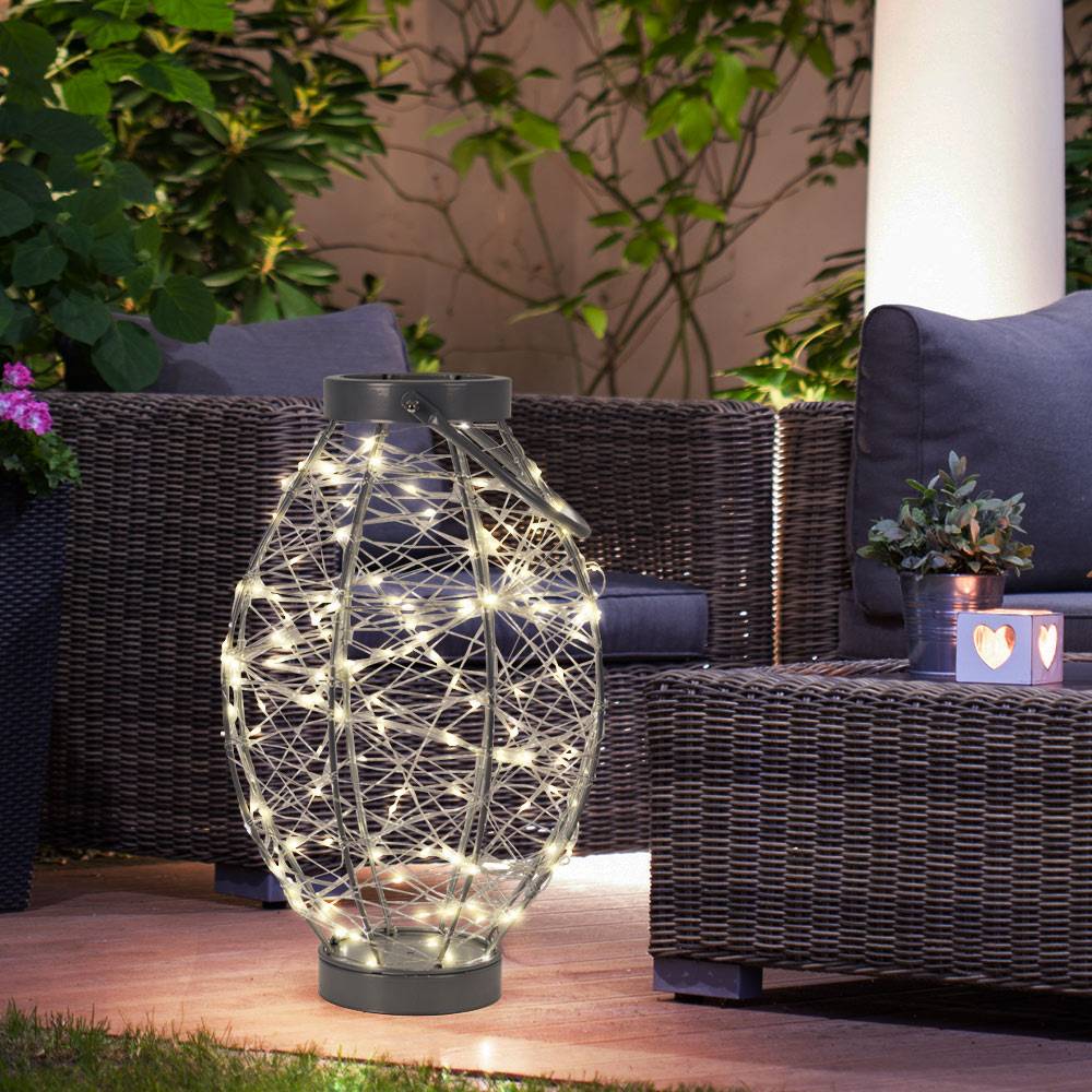 Tischleuchte Außenleuchte Gartenlampe Tischlampe Balkon Dekolampe, Metall silber, IP44, 5m Kabel, 170x LED 170x 0,06 Watt warmweiß, DxH 26x53 cm