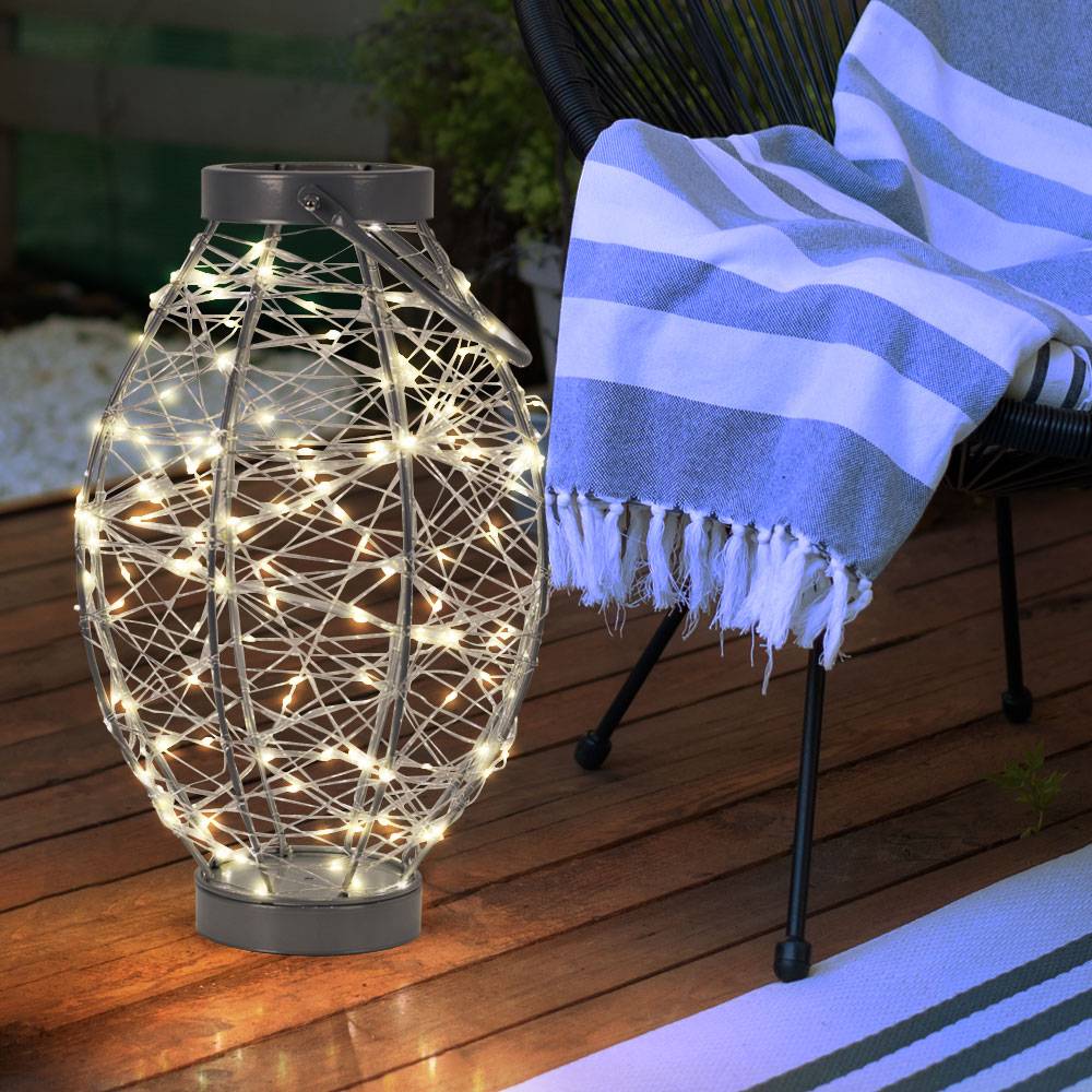 Tischleuchte Außenleuchte Gartenlampe Tischlampe Balkon Dekolampe, Metall silber, IP44, 5m Kabel, 170x LED 170x 0,06 Watt warmweiß, DxH 26x53 cm