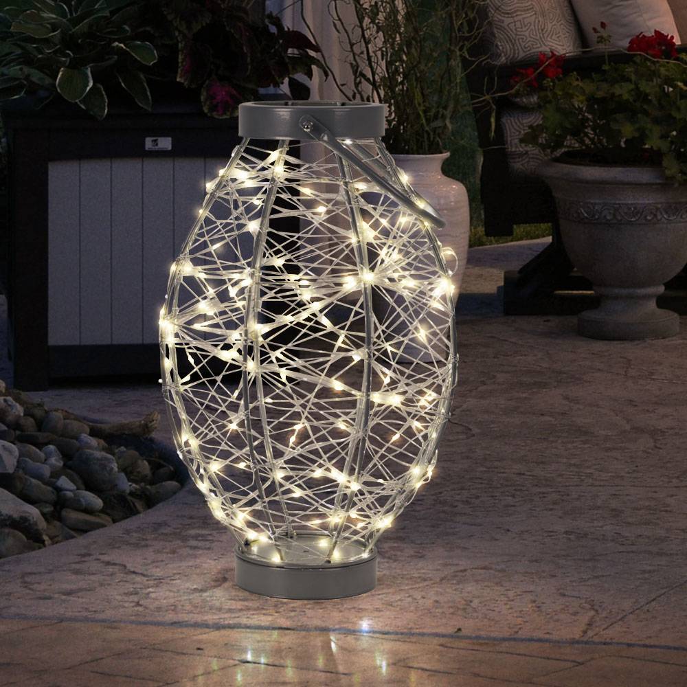 Tischleuchte Außenleuchte Gartenlampe Tischlampe Balkon Dekolampe, Metall silber, IP44, 5m Kabel, 170x LED 170x 0,06 Watt warmweiß, DxH 26x53 cm