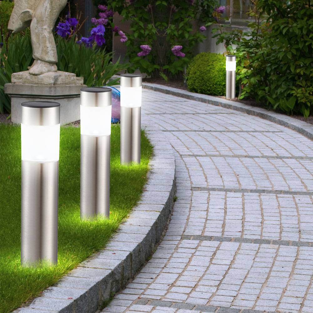 LED Solar Erdspieß Leuchte Stecklampe Standleuchte Gartenlampe Stehleuchte, Edelstahl, jeweils 1x 0,06W, D x H 6,3 x 28 cm (inkl. Erdspieß), 4er Set