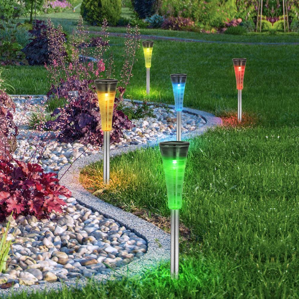 5er Set RGB LED Solar Steck Leuchten Garten Edelstahl Außen Lampen Farbwechsler