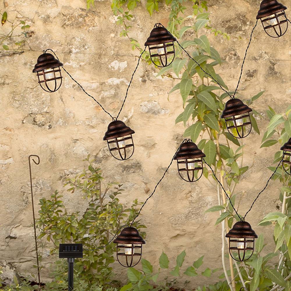 Solarleuchte Außenlampe Gartenleuchte Laternen Lichterkette Terrasse, IP44 Spritzwasserfest Metall schwarz rostfarbig Akku, x8 LED warmweiß, HxLxB