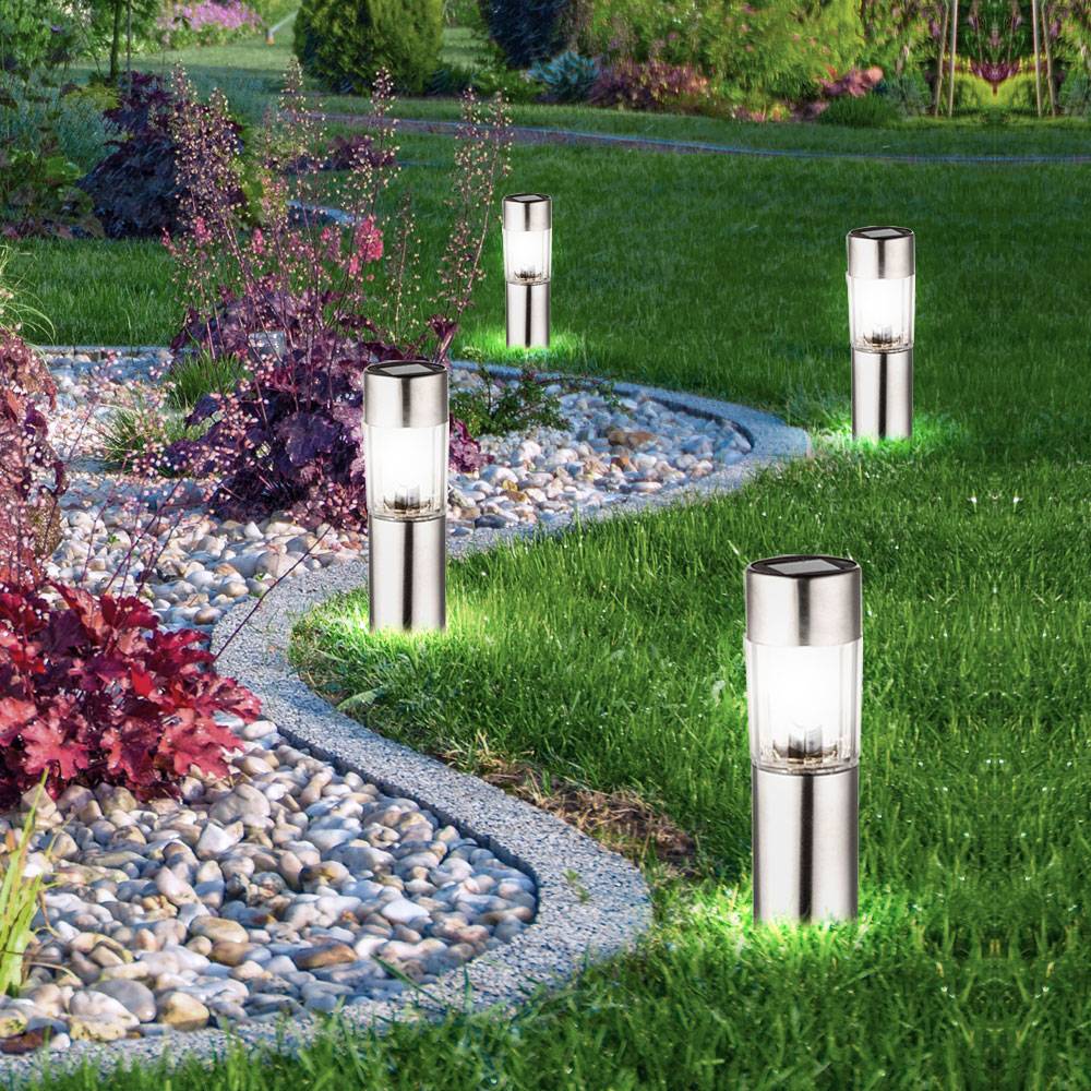 4er Set LED Edelstahl Solar Leuchten Steck Leuchten Erdspieß Außen Beleuchtung Akku