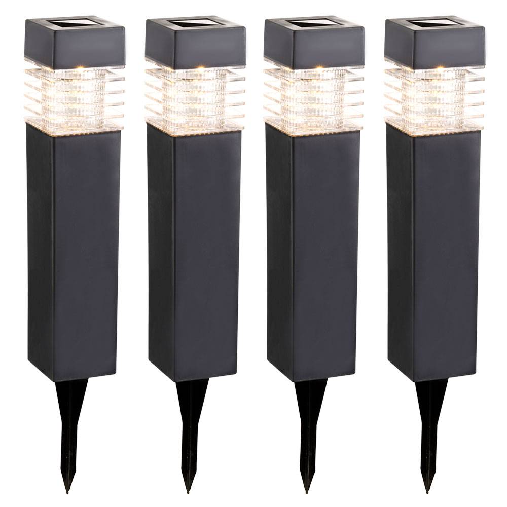 Steckleuchten Solarleuchten Stehlampen Außenleuchten Gartenlampen, IP44 Akku, grau satiniert, 4x LED 0,06 Watt warmweiß, HxLxB 38,5x5,8x5,8 cm, 4er