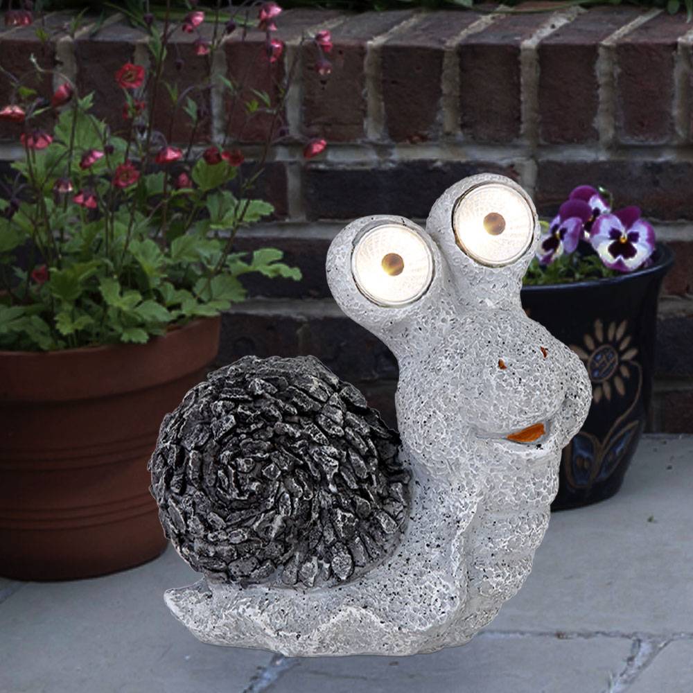 Solar Gartenskulptur für Außen Gartendeko Schnecke Figur Skulptur grau Akku, Kunststoff, 2x LED 3000K, LxBxH 19,5x10,5x20 cm