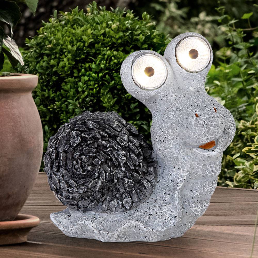 Solar Gartenskulptur für Außen Gartendeko Schnecke Figur Skulptur grau Akku, Kunststoff, 2x LED 3000K, LxBxH 19,5x10,5x20 cm