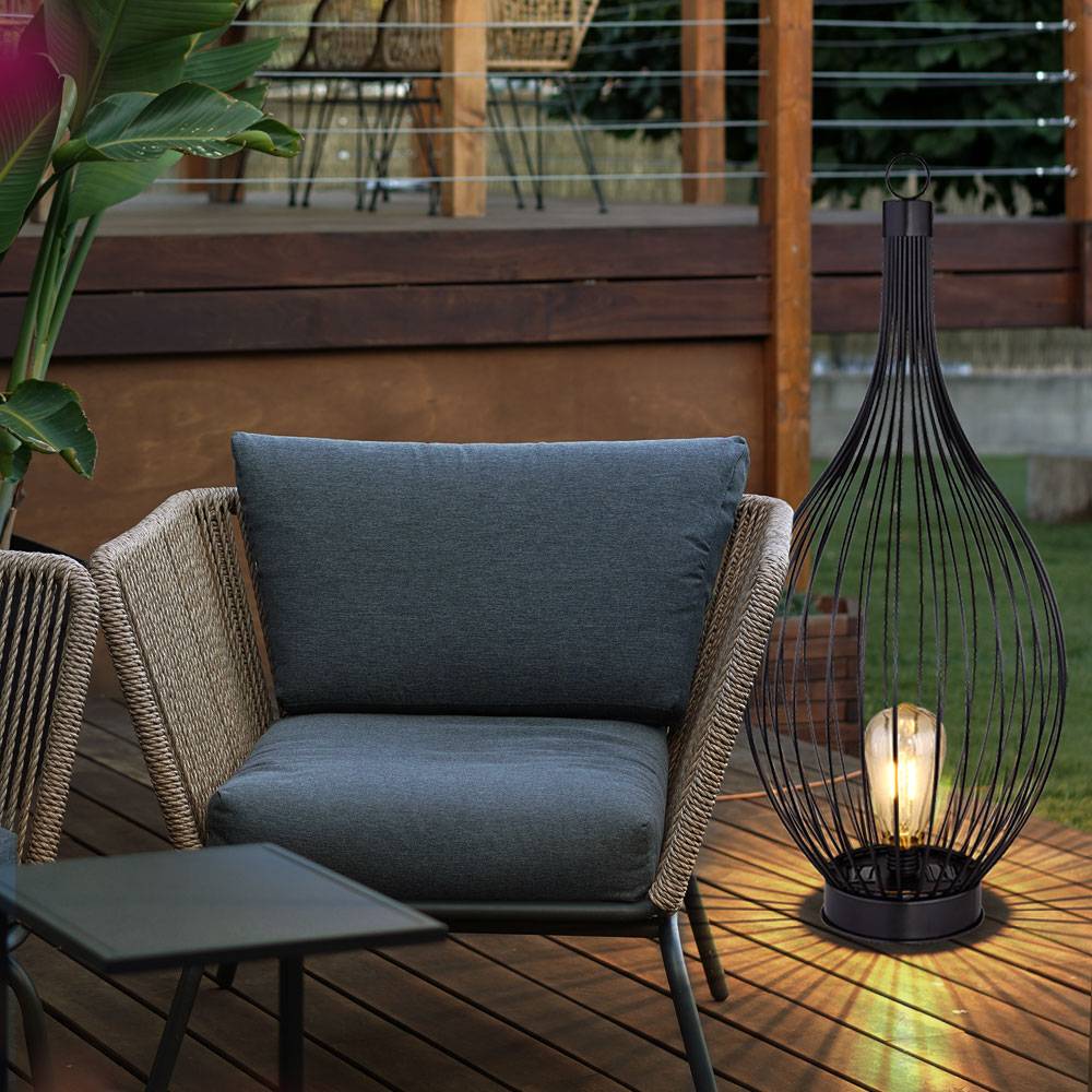 Solarleuchte Stehlampe Beistellleuchte Außenleuchte Terrassenlampe Balkon, IP44 Akku Metallstäbe gebogen schwarz amber, 1x LED warmweiß, DxH 25x57