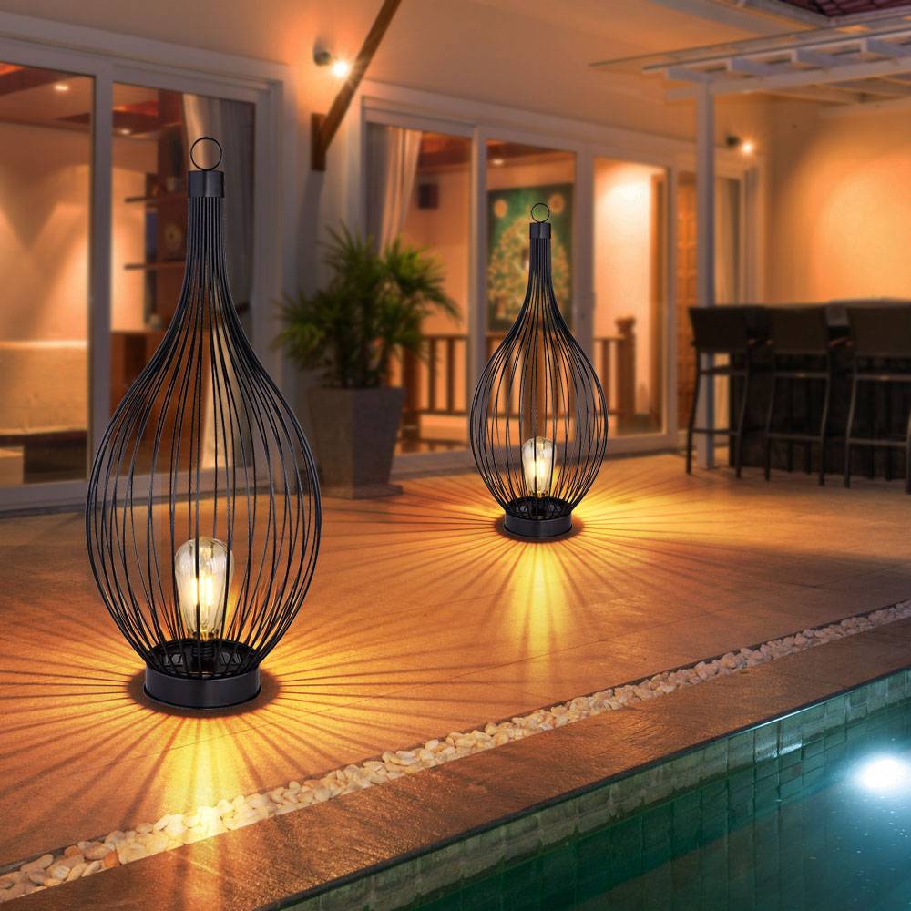 Solarleuchte Stehlampe Beistellleuchte Außenleuchte Terrassenlampe Balkon, IP44 Akku Metallstäbe gebogen schwarz amber, 1x LED warmweiß, DxH 25x57