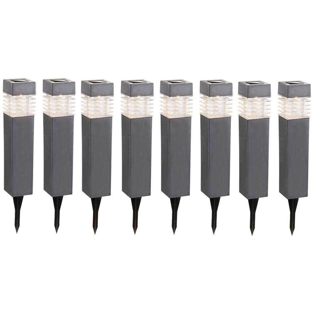 Steckleuchten Solarleuchten Stehlampen Außenleuchten Gartenlampen, IP44 Akku, grau satiniert, LED 0,06 Watt warmweiß, HxLxB 38,5x5,8x5,8 cm, 8er Set