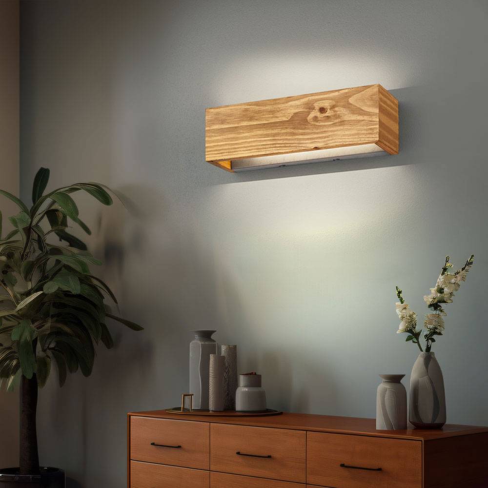 Wandleuchte dimmbar Holz Wohnzimmerleuchte Schlafzimmerlampe Wandlampe Flurlampe, Switch Dimmer, 1x LED 13W 1500Lm warmweiß, LxB 37x11 cm
