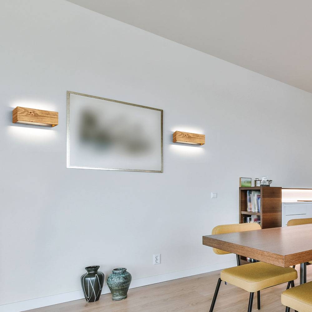 Wandleuchte dimmbar Holz Wohnzimmerleuchte Schlafzimmerlampe Wandlampe Flurlampe, Switch Dimmer, 1x LED 13W 1500Lm warmweiß, LxB 37x11 cm