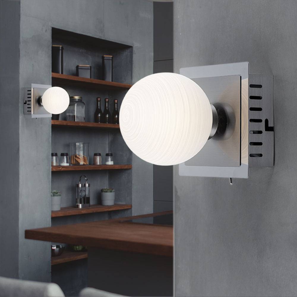 Wandleuchte Kugel Wandlampe Glaskugel Kugelleuchte Wand innen, Metall Glaskugel weiß opal gewischt, 1x LED 3,8 Watt 340 Lumen warmweiß, HxLxB 12x10x