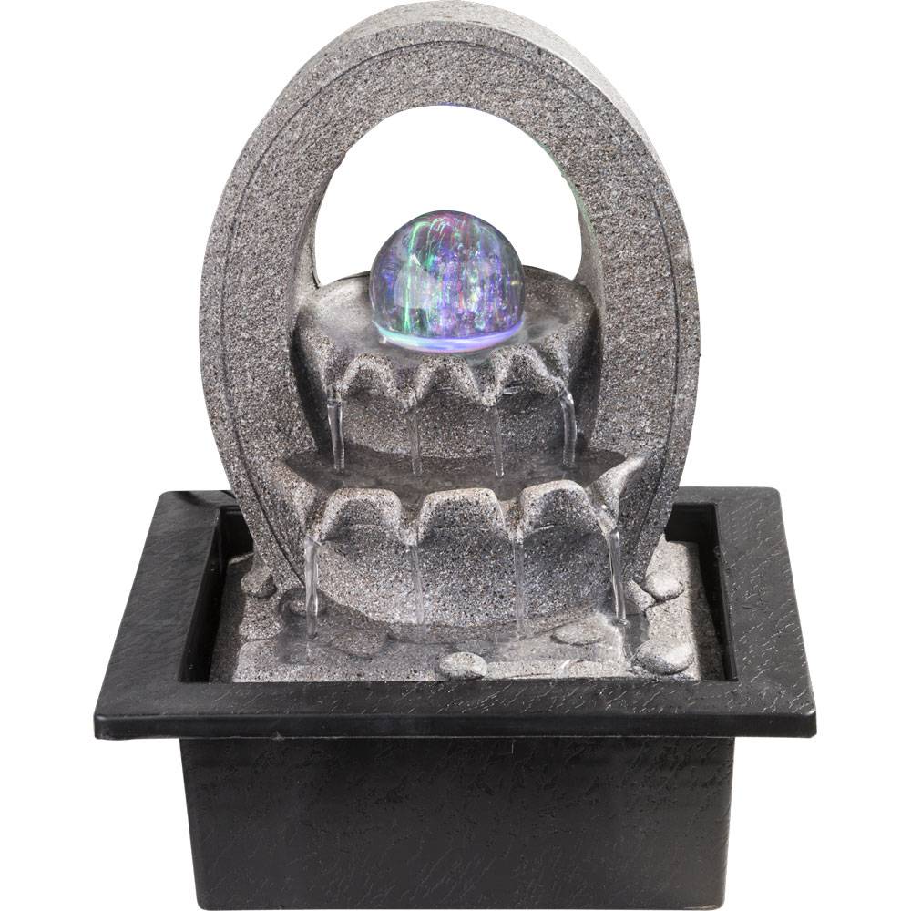 Kaskadenbrunnen Kugel Wasserspiel Farbwechsler Tischbrunnen Dekobrunnen, grau, inkl. Pumpe, 4x RGB LED, LxBxH 21x17,5x25,5 cm