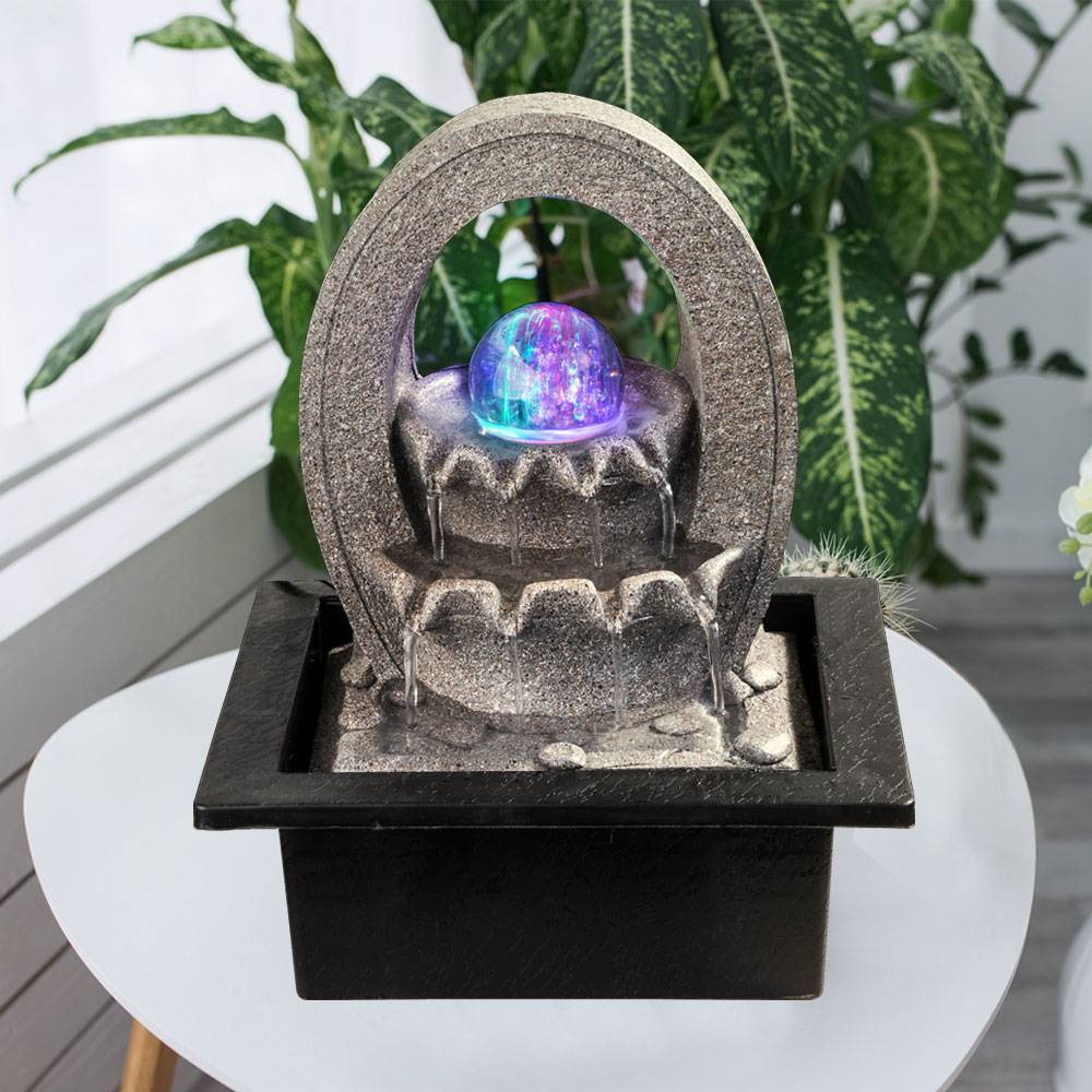 Kaskadenbrunnen Kugel Wasserspiel Farbwechsler Tischbrunnen Dekobrunnen, grau, inkl. Pumpe, 4x RGB LED, LxBxH 21x17,5x25,5 cm