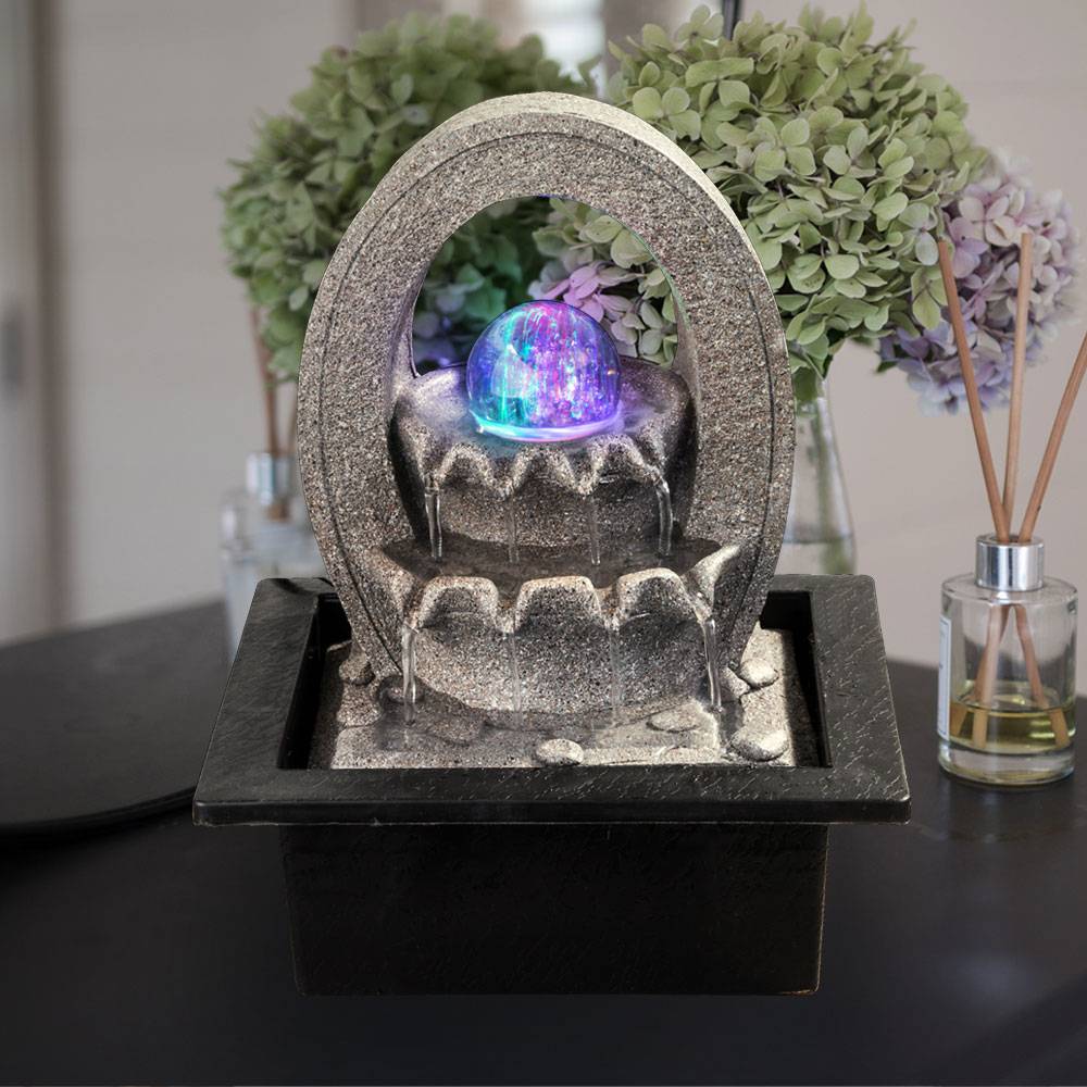 Kaskadenbrunnen Kugel Wasserspiel Farbwechsler Tischbrunnen Dekobrunnen, grau, inkl. Pumpe, 4x RGB LED, LxBxH 21x17,5x25,5 cm
