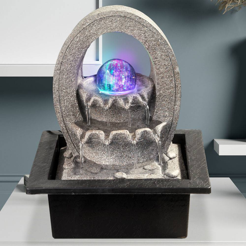 Kaskadenbrunnen Kugel Wasserspiel Farbwechsler Tischbrunnen Dekobrunnen, grau, inkl. Pumpe, 4x RGB LED, LxBxH 21x17,5x25,5 cm