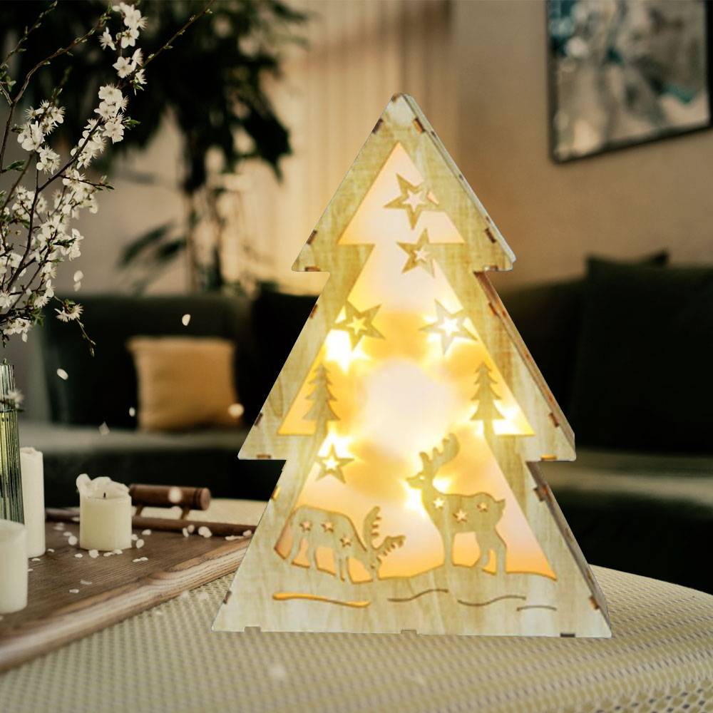 Dekobaum Leuchttanne Dekoleuchte Weihnachtstanne Adventsleuchte Holztanne Weihnachtsdekoration Wohnzimmer, Sperrholz Natur Rentier Motiv, 10x LED