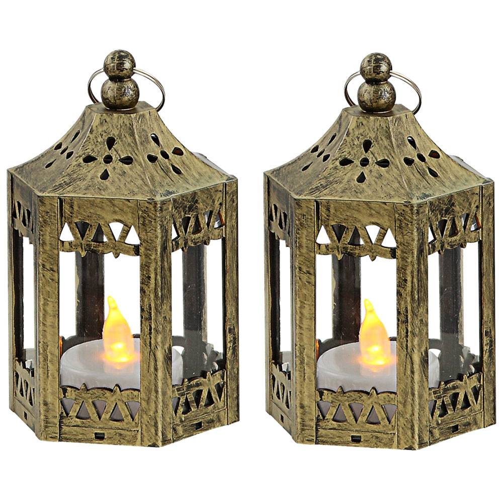 Tischleuchte Lampe Laterne Dekorleuchte Beistelllampe Wohnzimmer, altgoldfarben klar, 1x LED 0,2W 3000K, DxH 6,2x11 cm, 2er Set