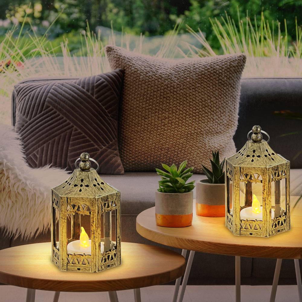 Tischleuchte Lampe Laterne Dekorleuchte Beistelllampe Wohnzimmer, altgoldfarben klar, 1x LED 0,2W 3000K, DxH 6,2x11 cm, 2er Set