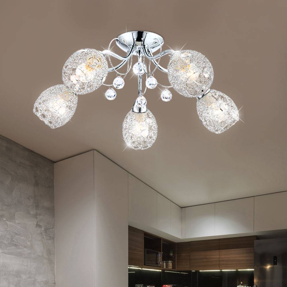 Deckenleuchte Chrom Kristallleuchte Spotleuchte Deckenlampe Kristalle, Chromgeflecht, 5x E14, dimmbar Fernbedienung, RGB LED 4,8W 470Lm 3000K